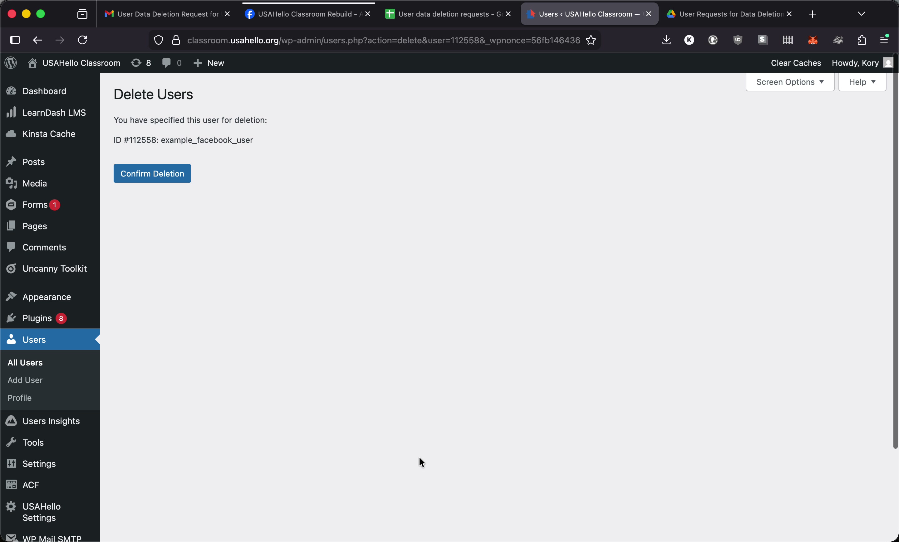 WordPress Delete User confirmation screen