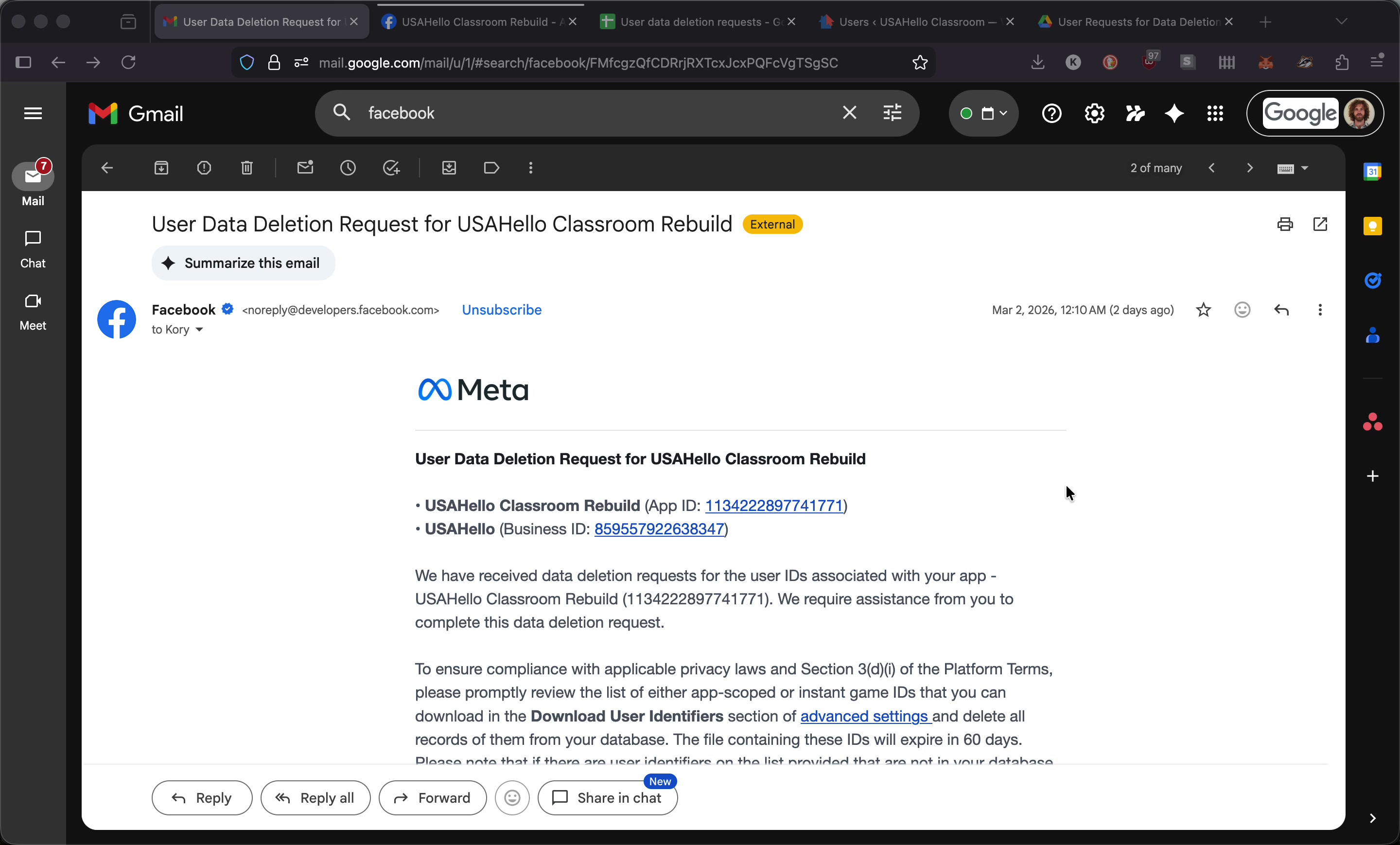 Email notification from Facebook/Meta requesting user data deletion