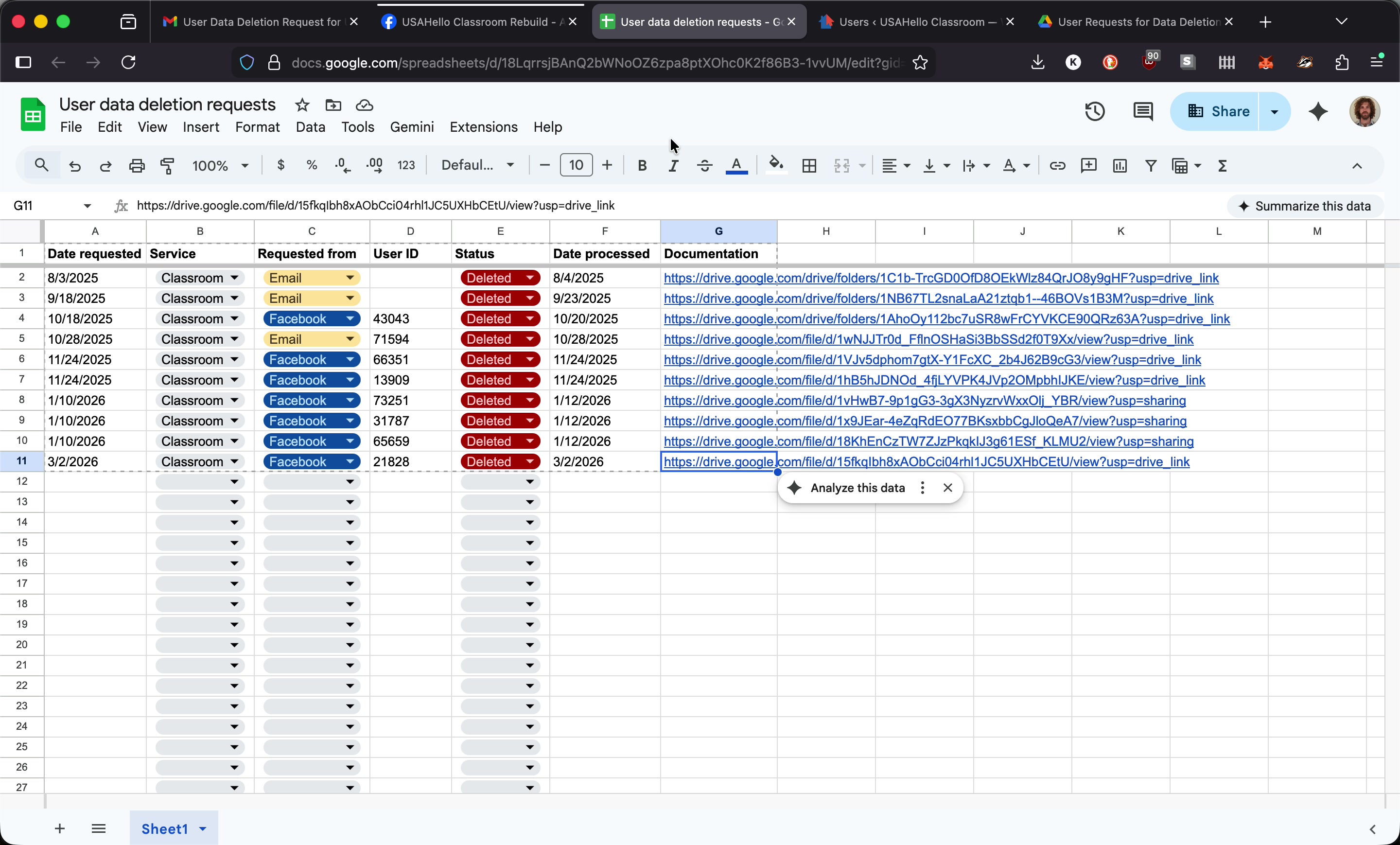 Google Sheet tracking all data deletion requests with date, status, and documentation link columns