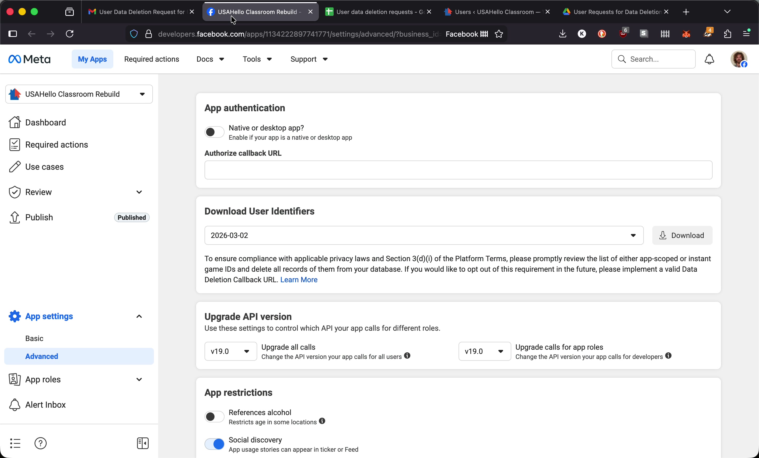 Meta developer dashboard showing the Download User Identifiers panel