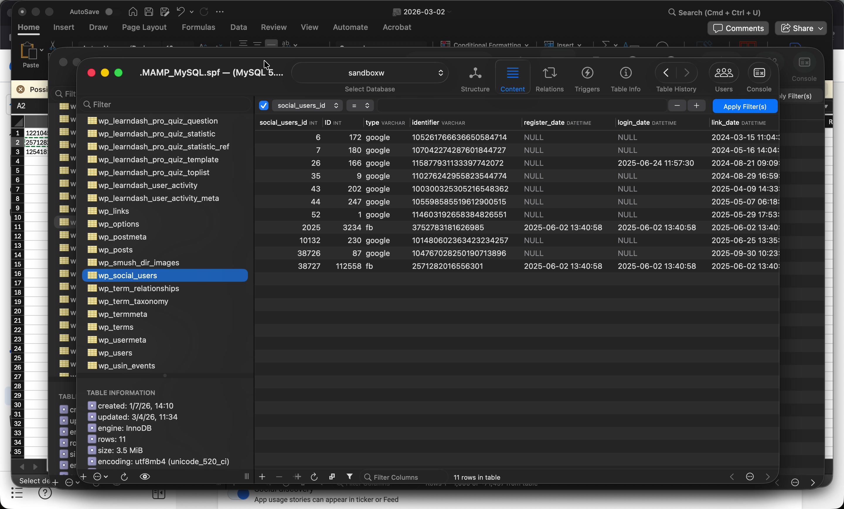 SQL GUI showing the social_users table filtered by a Facebook identifier from the CSV