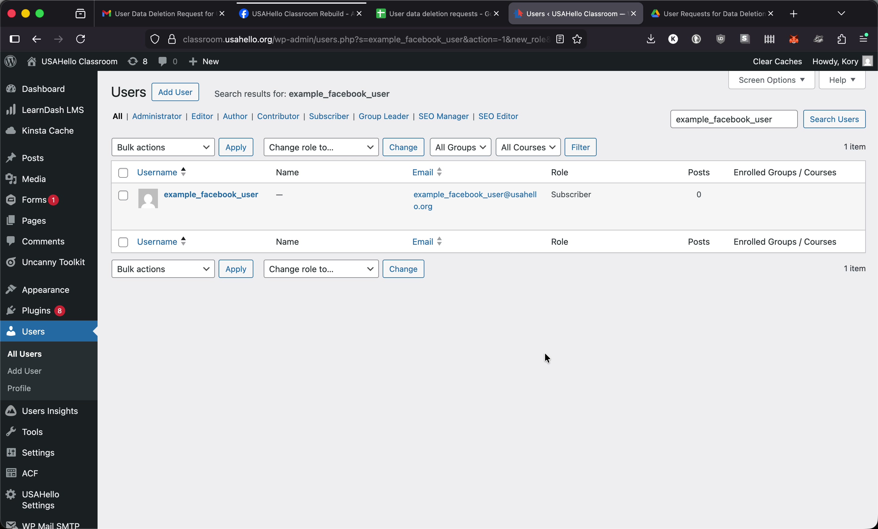 WordPress admin Users screen with the matched user appearing in search results