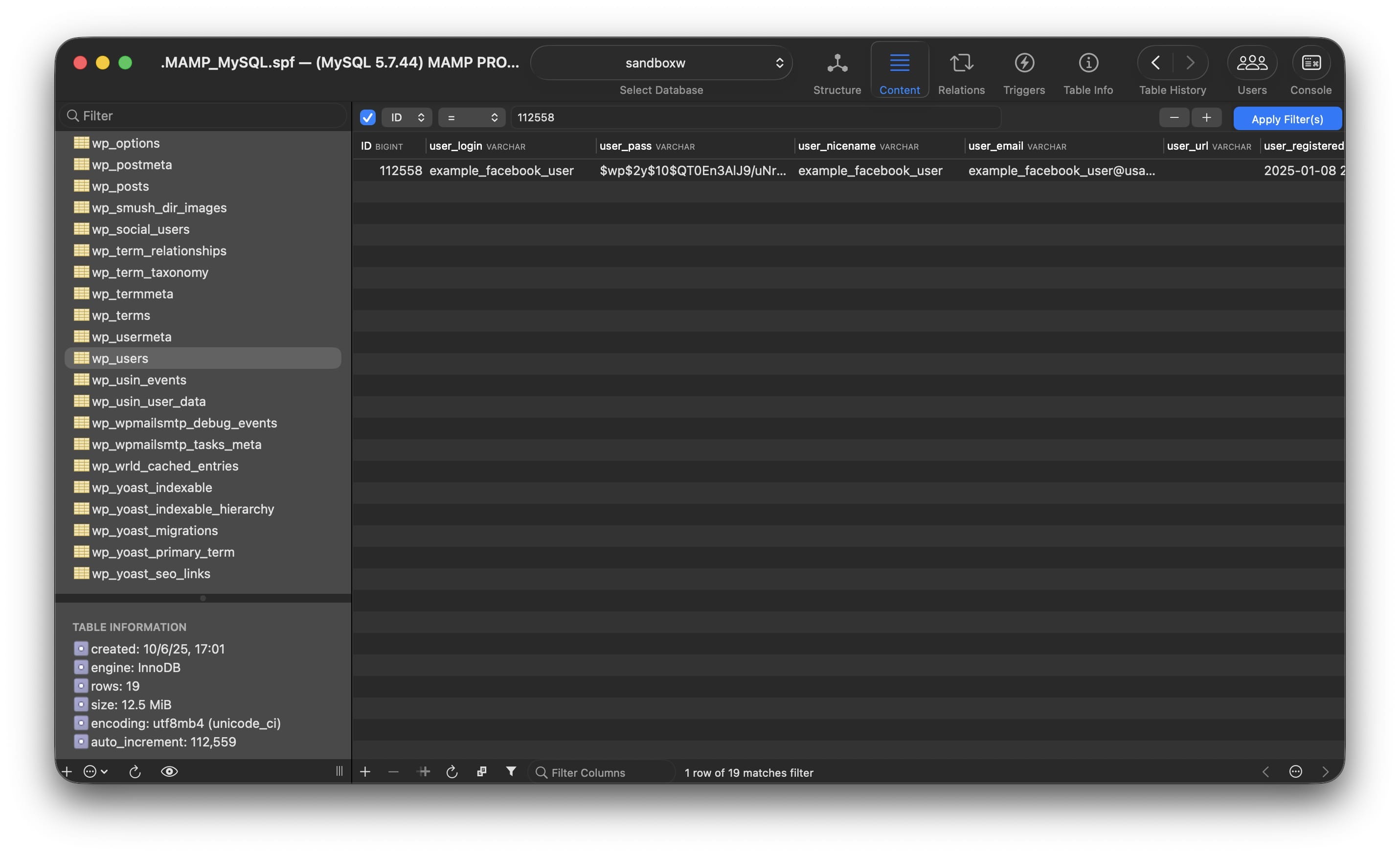 WordPress wp_users table showing the matched user record